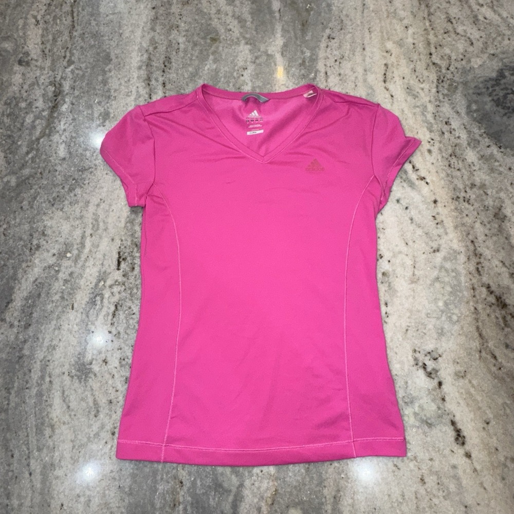 Adidas Pink ClimaLite Moisture Wicking Performance T Shirt V Neck Sz Medium